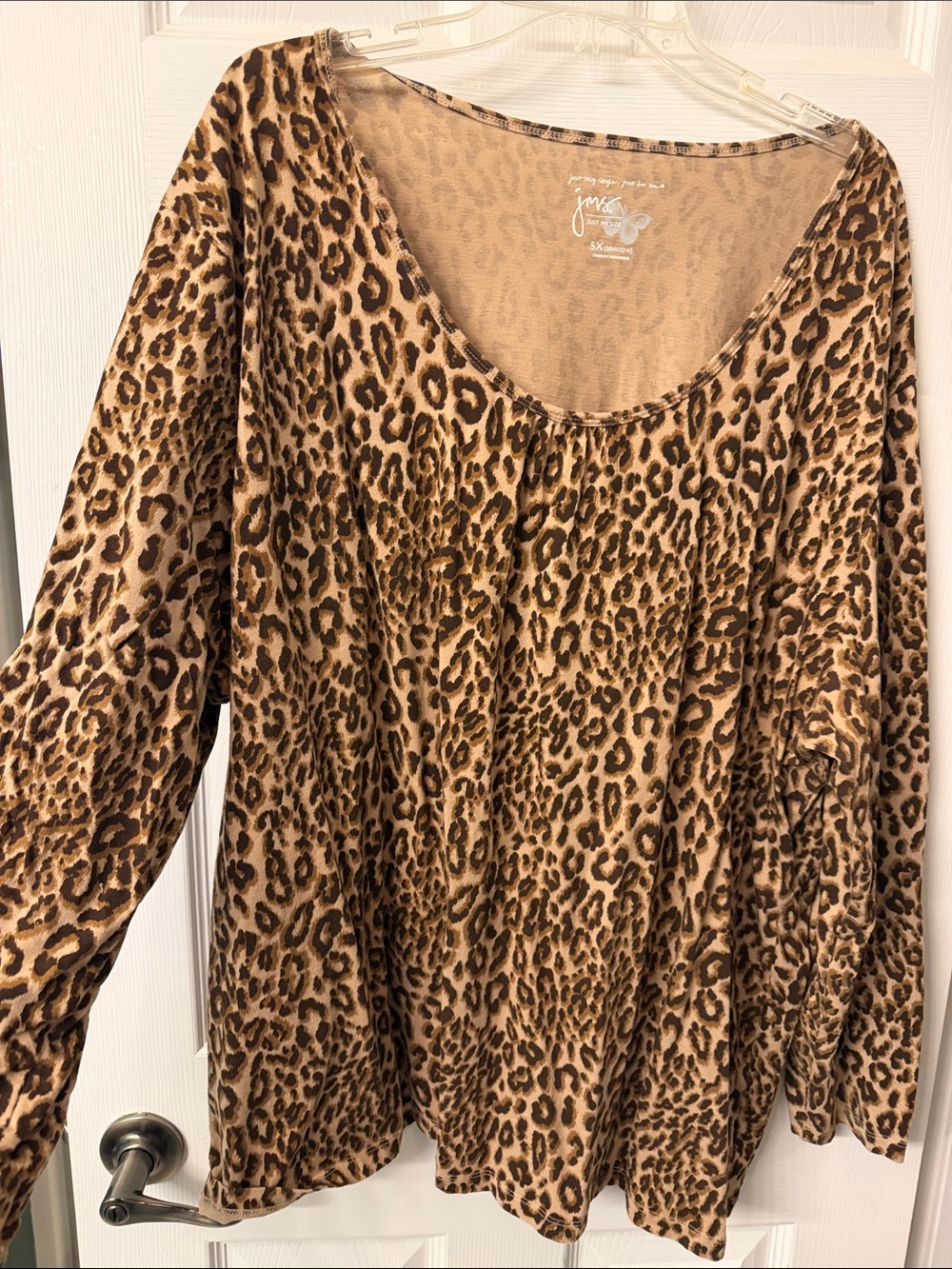 Just My Size Leopard Print Long Sleeve Scoop Neck Top in Brown, Tan & Black